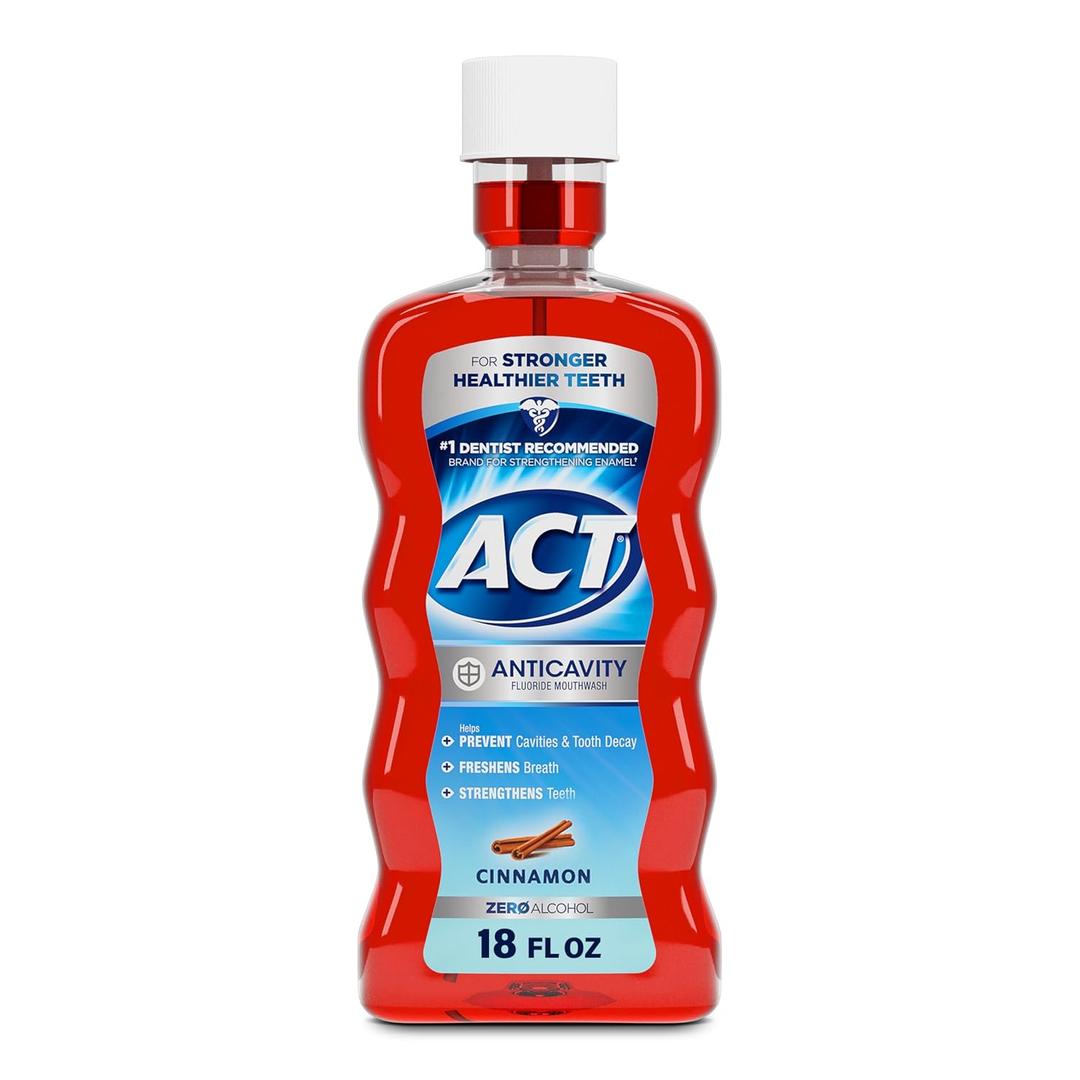 ACT Anticavity Zero Alcohol Fluoride Mouthwash 18 fl. oz., With Accurate Dosing Cup, Cinnamon (Pack of 2)