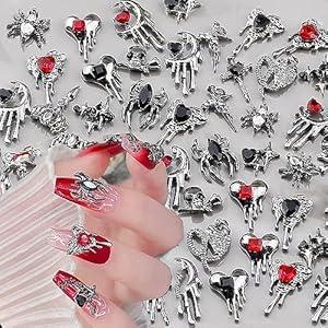 3D Nail Charms Skull Nail Art Rhinestones 22PCS Halloween Antique Silver Cross Spider Skeleton Ghost Claw Love Nail Jewelry Metal Vintage Nail Design Decors for DIY Nail Cellphone Decoration