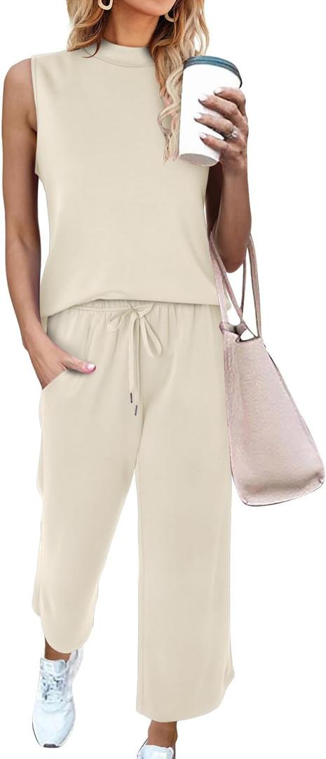 CHICZONE Two Piece Summer Sets for Women Casual Travel Vacation Outfits Wide Leg Crop Pants Lounge Sets (Small)