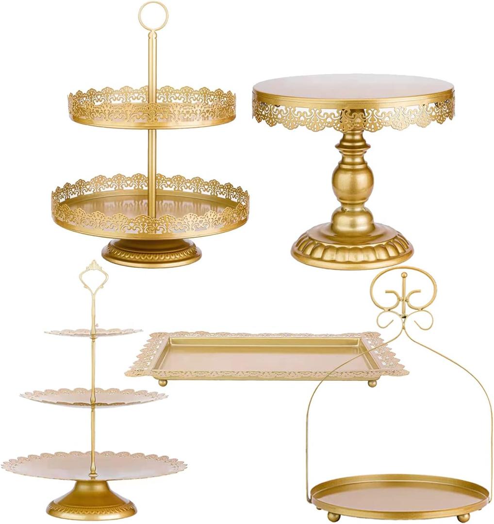 ZUMELER Gold 5Pcs Cake Stands Set Metal Round Cupcake Holder Cookies Dessert Display Plate Serving Tower Tray Platter with Handl for Baby Shower Wedding Birthday Party Celebration ZUMELER Gold 5Pcs Cake Stands Set Metal Round Cupcake Holder Cookies Dessert Display Plate Serving Tower Tray Platter with Handl for Baby Shower Wedding Birthday Party Celebration