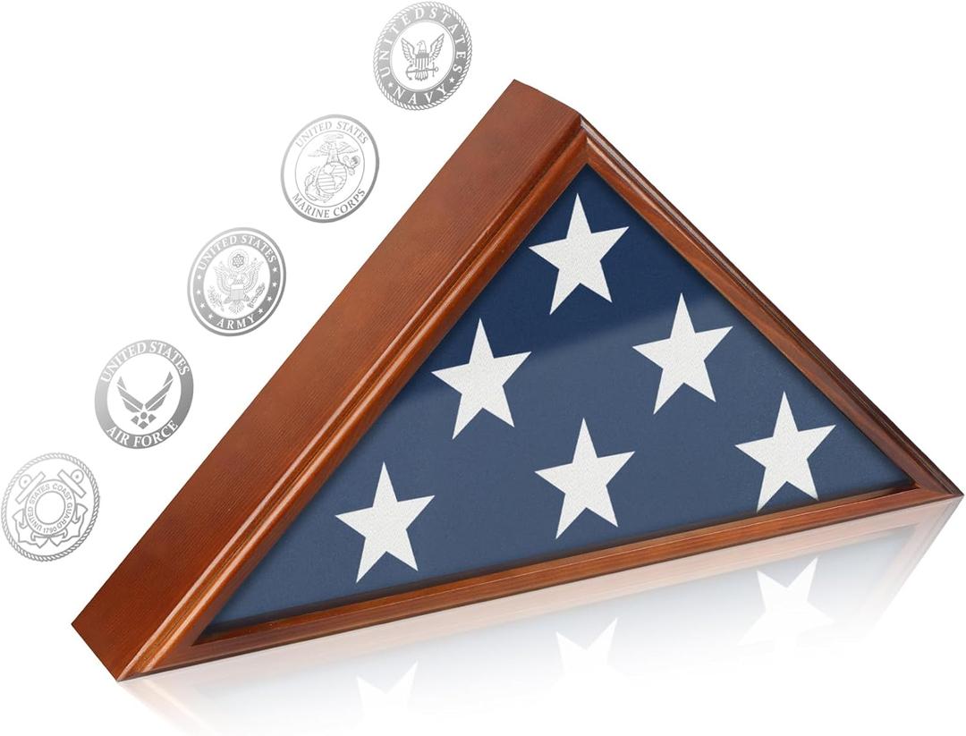 Flag Display Case for Burial Flag, 9.5x5' Wooden Military Flag Box Case Display for Wall or Table Top, Flag Holder for Veteran Burial Flag Display Case, Military Flag Frame (Brown)