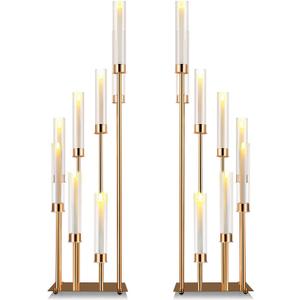 Baquler 2 Pcs 8 Arms Wedding Candelabras, 41.5" Tall Cluster Acrylic Candle Holders Floor Standing Candelabra Centerpieces with Clear Acrylic Shades for Flameless Candle (Gold)
