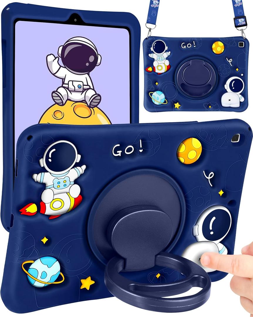 Wazzasoft for Samsung Galaxy Tab S6 Lite 10.4 Case Boys Cute Astronaut Cover Kawaii 3D Cartoon Spacemen Fun with Rotating Handle Stand + Strap Soft Silicone Funda for Samsung S6 Lite Tablet Cases