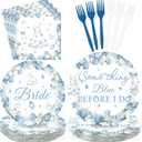 96Pcs Hydrangea Bridal Shower Party Supplies Something Blue Before I Do Paper Plates and Napkins Blue White Floral Hydrangea Tableware Sets for Wedding Engagement Bachelorette Party Supplies Serves 24