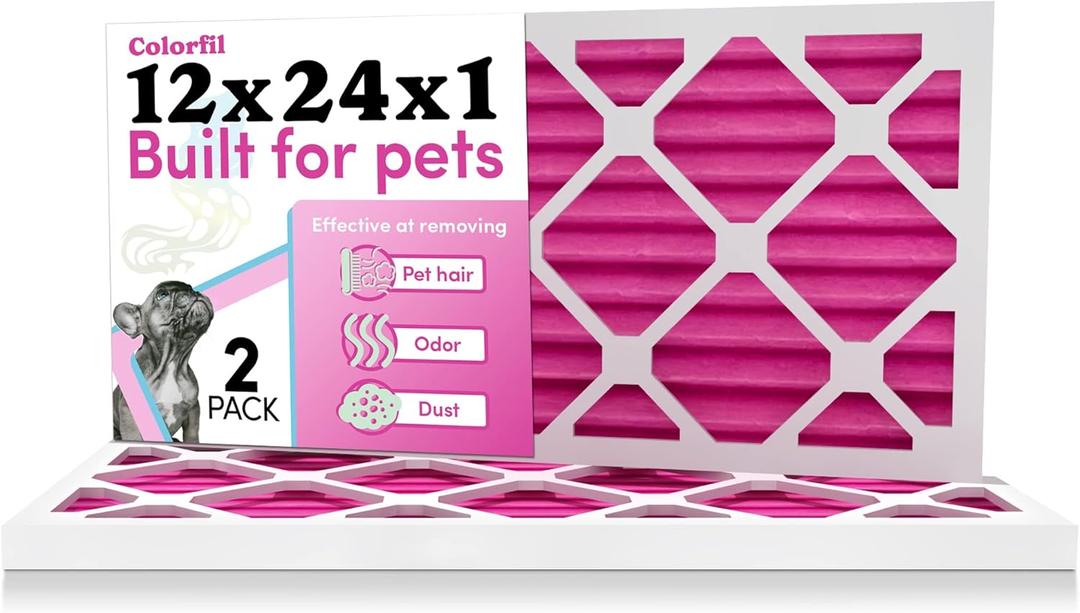 Colorfil 12x24x1 Air Filter (2-Pack) | Made in the USA | Color Changing | Remove Cat and Dog Odor | MERV 8 for Pet Hair Dander and Dust | 11.5"x23.5"x0.75"  