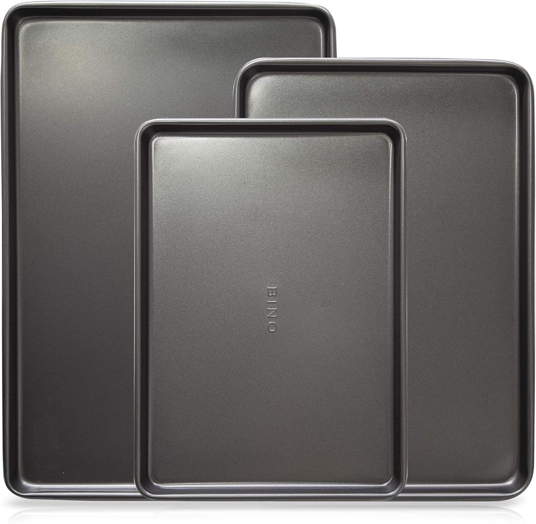 BINO Bakeware Nonstick Cookie Sheet Baking Tray Set, 3-Piece - Gunmetal | Non Stick Baking Pans Set | Carbon Steel Tray Bakeware Sets | Oven Safe | Cookie Sheet Pans | Food-Safe