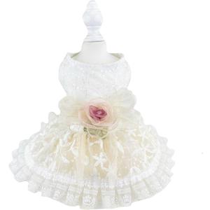 FLAdorepet Luxury Rose Lace Dog Dress with Leash Ring,Pet Bride Costume Clothes for Small Dogs Girls,Formal Dog Wedding Party Dresses Apparel (White, Small(Chest 14.1"|Weight 4-6Lbs))