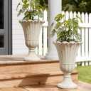 23.6" Tall Plastic Urn Planters for Outdoor Plants with Drainage Holes & Petal Design, Set of 2 Sturdy Base Classic Indoor Large Flower Pots, Outdoor Planters for Porch/Home, Yellow Beige, 19.69"D x 15.75"W x 23.62"H