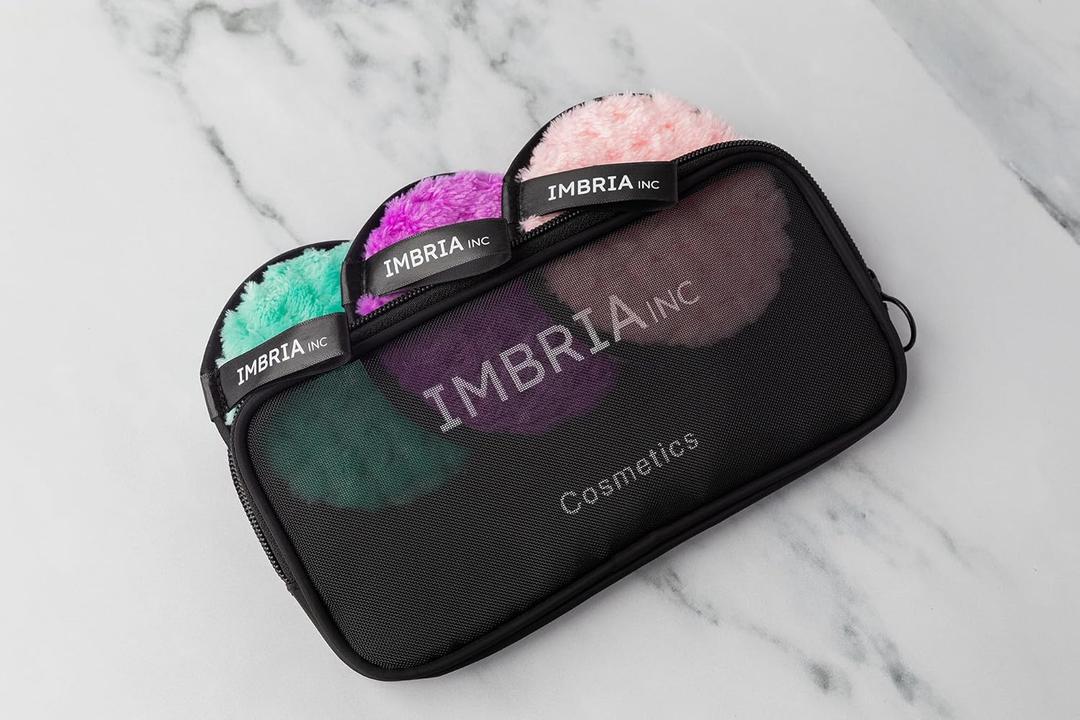 IMBRIA Reusable Makeup Remover Pads with Travel Pouch  3-Pack Microfiber Face Cleansing Rounds  Washable, Eco-Friendly, Soft Pads for Gentle Makeup Removal  Zero Waste Skincare for Women