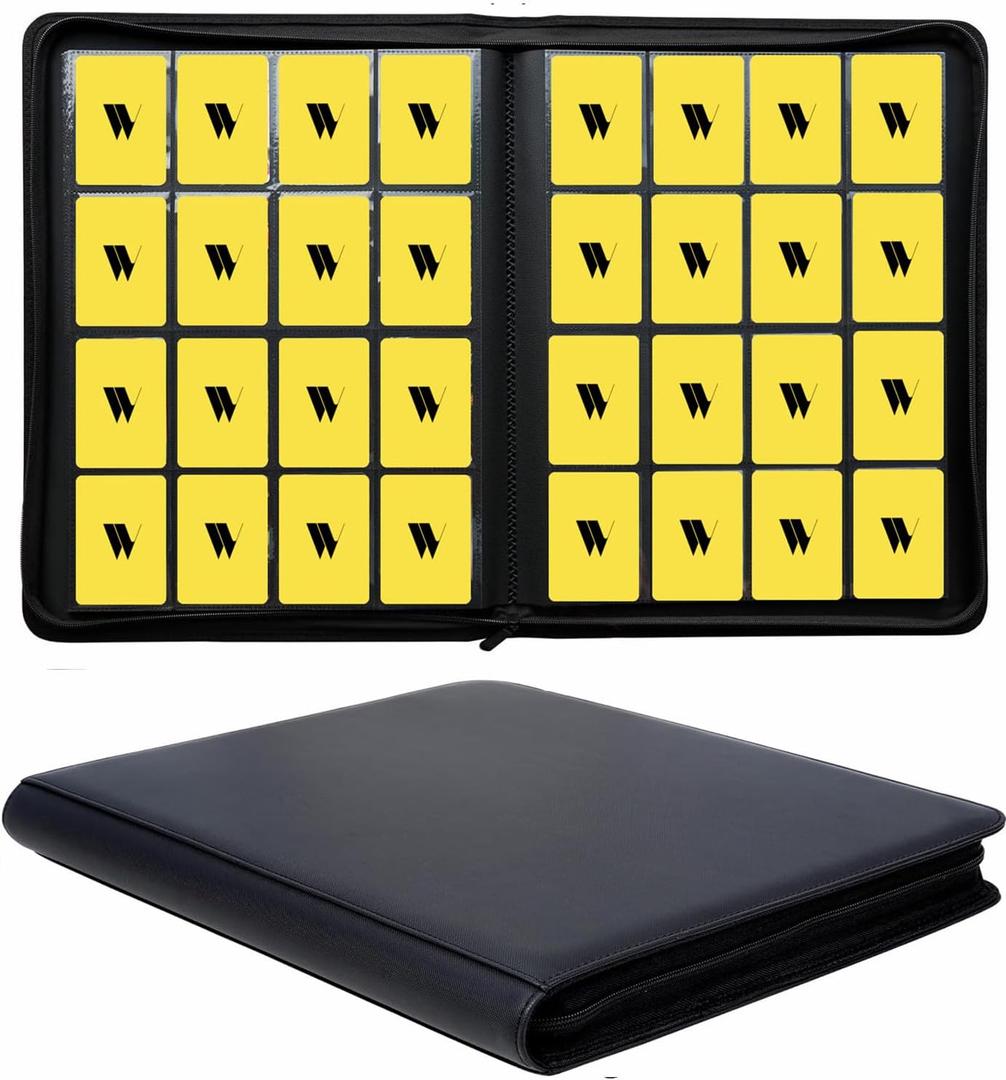 16 Pocket Card Binder, 1000+ Premium Zip Trading Card Binder, Double Sided Pocket Card Binder Album, Ringless Card Folder for MTG, TCG, Sports Card (Black, 16Pockets)