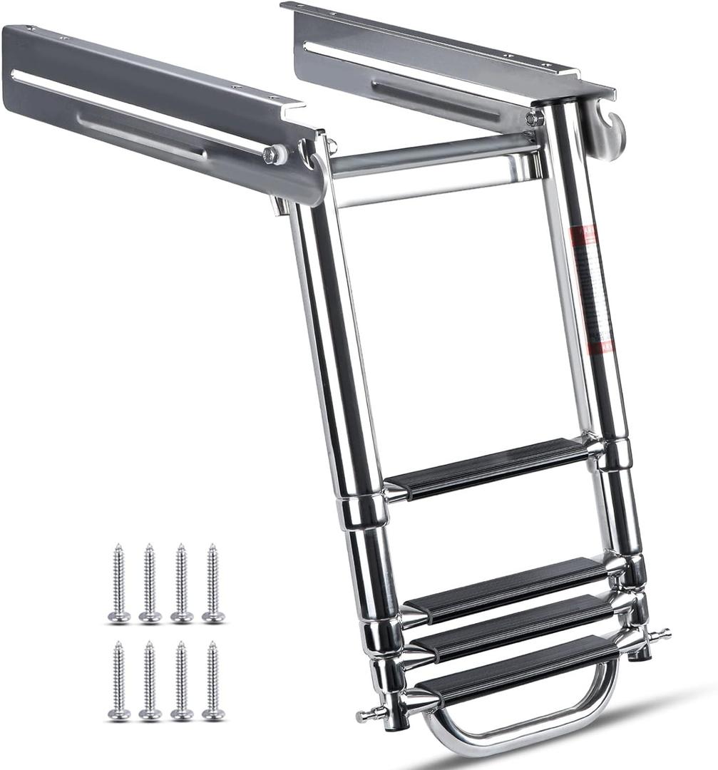 Marinebaby 3-4 Step Boat Ladder Under Platform Slide Mount Boat Boarding Ladder, Telescoping Ladder with a Carry Handle and Mounting Screws, Press-Type Spring Latch (4 Steps)