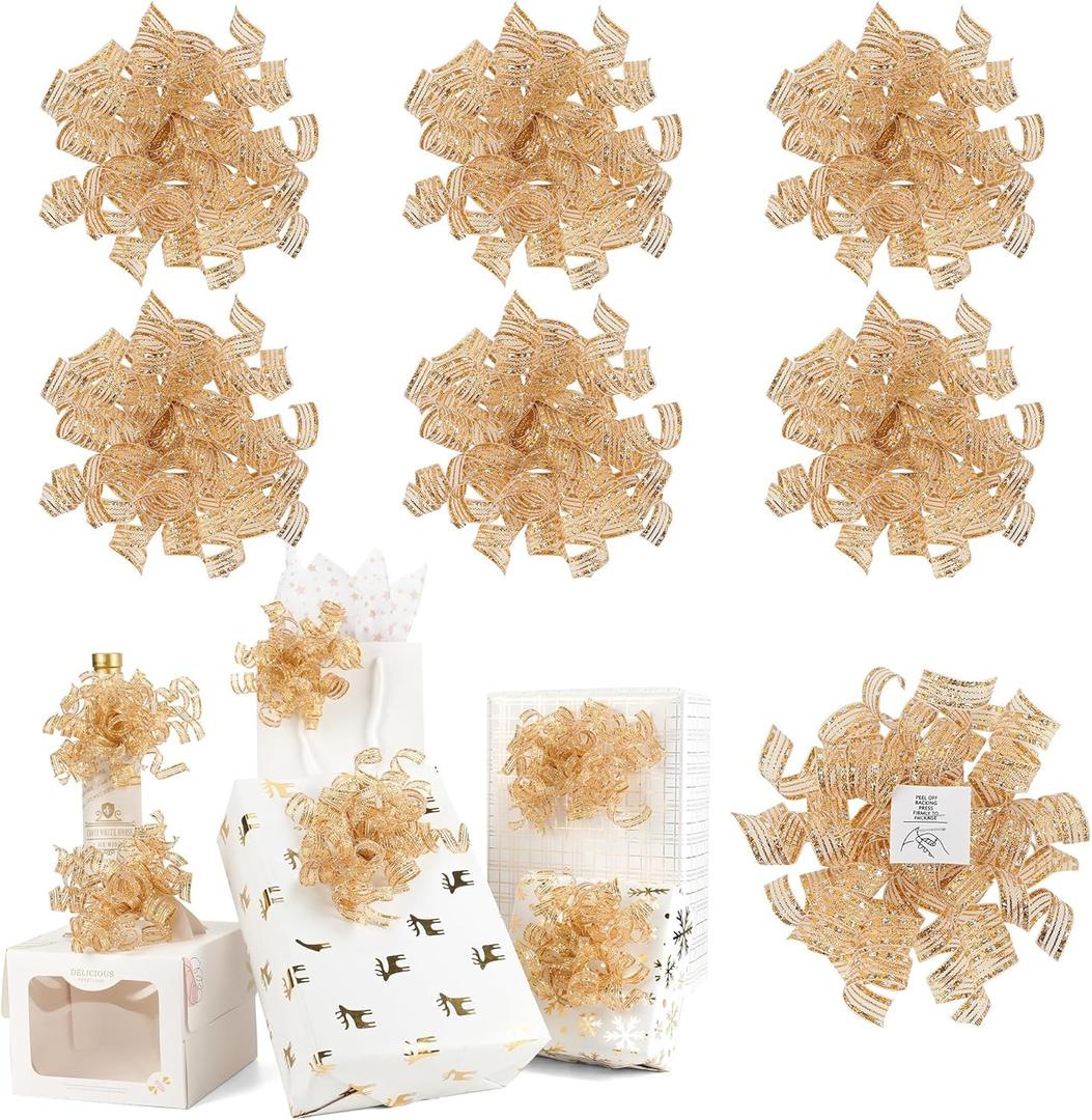 AIMUDI Metallic Champagne Curly Bows for Gift Wrapping 5'' Christmas Gift Bows Self Adhesive Champagne Bows for Presents, Treat Bags, Bottles Party Holiday Wedding Christmas Decoration - 6 Counts