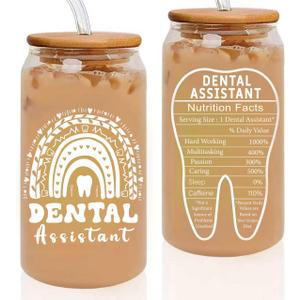 2 x Dental Assistant Gifts, Dental Assistan Appreciation Gift for Women, 16oz Dental Assistant Glass Cup With Straw, Dental Assistant Week Must Haves Travel Coffee Tumbler Mug Cup