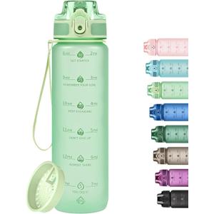 32oz Water Bottle with Time Marker, Motivational Drinking Bottle with Strap, BPA-Free Leak-Proof, Encouraging Water Bottle Time to Drink Water for Gym School Office Travel (Light Green)