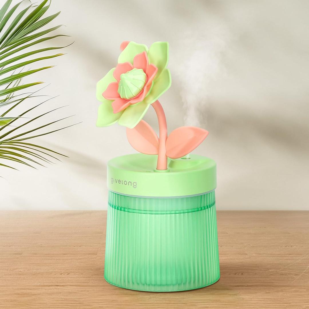 2 x Cute Flower Mini Humidifier, 260ml Gardenia Desktop Humidifiers for Bedroom, Portable Small Cool Mist Humidification for Home, Baby Nursery, Office & Indoor Plants, USB Powered (Green)