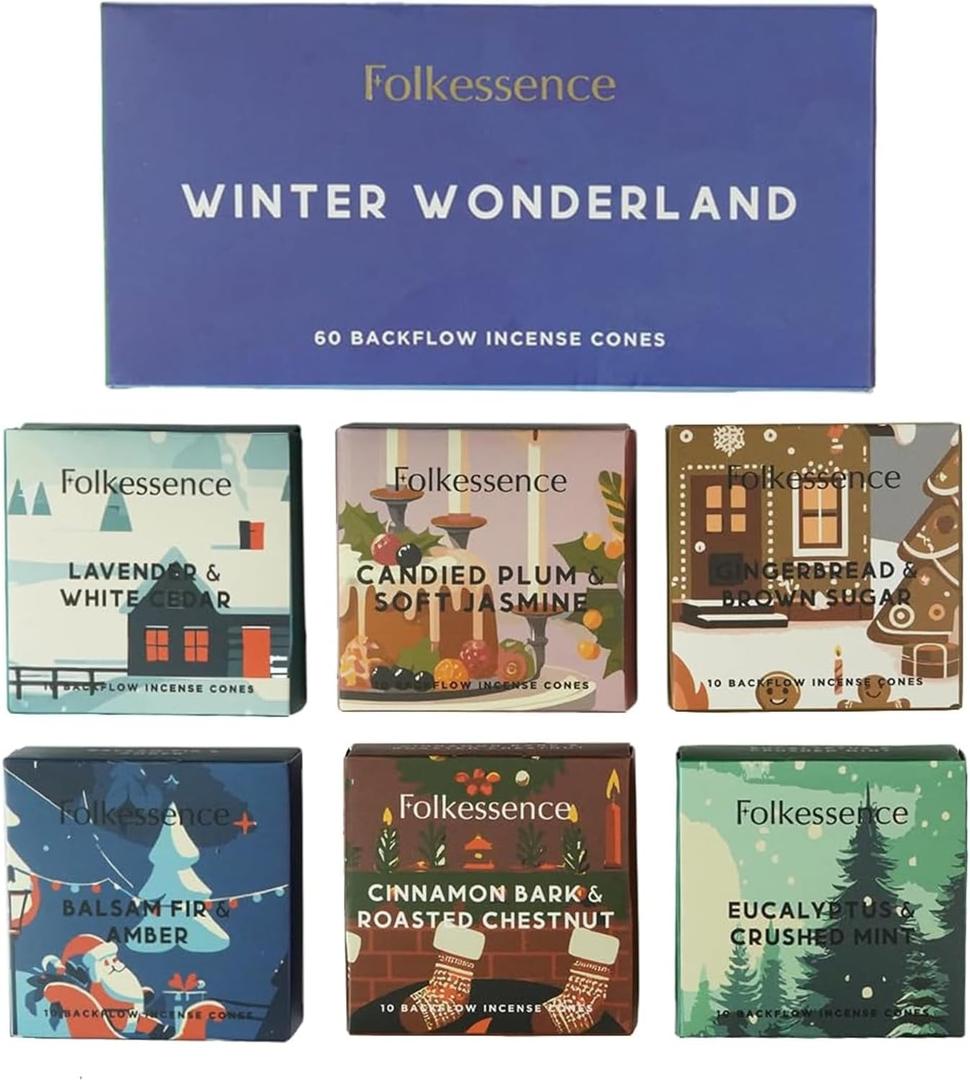 Folkulture Christmas Backflow Incense Cones Scented | Set of 6 (60 Cones) for Relaxation | Lavender, Balsam Fir, Gingerbread, Amber | Winter Scents for Home | Xmas Incense Gift & Winter Essentials