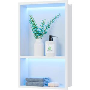 2-Tiers 12x18Inch Shower Niche with RGB LED Light Strips, White Recessed Wall Niche with Light, NO Tile Needed Cabinet Storage Organizer, Stainless Steel Bathroom Storage for Shower Wall