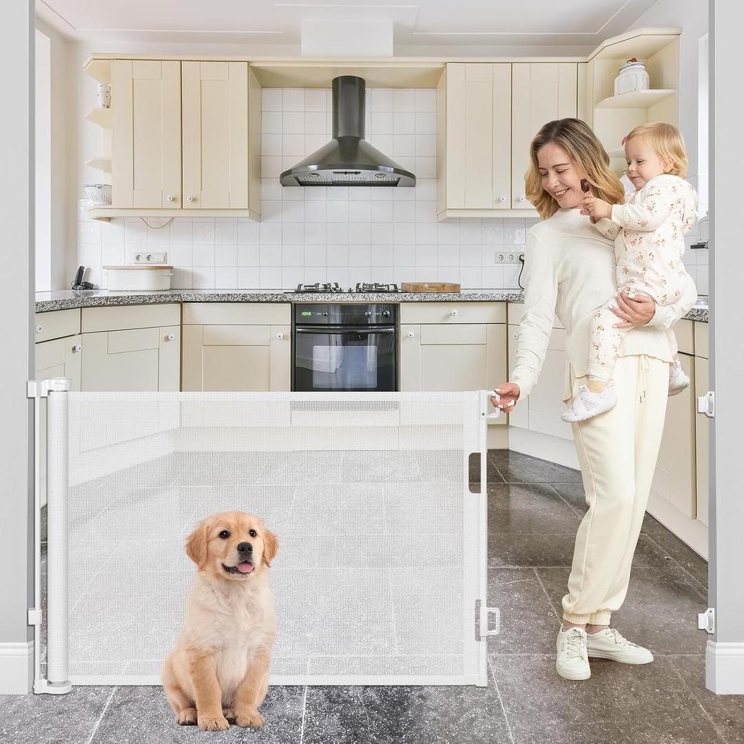 80 Inch Retractable Dog Gate for Doorways Retractable Mesh Baby Gate for Stairs 33 Tall Retractable Baby Gates Outdoor Deck Gate for Pets Barrier Retractable Gates for Dogs Indoor Child Safety Gate