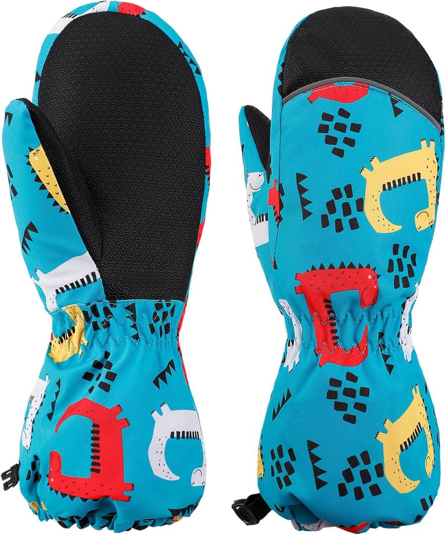 Kids Mittens - Waterproof Warm Winter Gloves for Boys and Girls, Thermal Insulated for Snow Play & Cold Weather (S-(3-5 Years), Green Dinosaur)