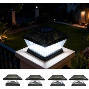 Solar Post Cap Lights Outdoor, 6x6 & 4x4 LED Deck Post Light with Dusk to Dawn Sensor, Bright White Waterproof Solar Pillar Fence Cap for Deck Patio Garden, No Wiring, Brushed Copper, 4 Pack