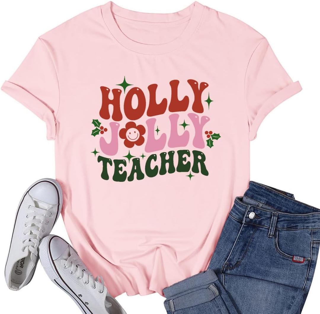 Womens Christmas Teacher Shirts Holly Jolly T-Shirt Xmas Teach Teaching Tee Tops (Green, XL)