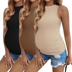 Ekouaer Women Maternity Tank Tops 3 Packs Crew Neck Ribbed Pregnancy Shirts Mama Clothes (Brown, S)
