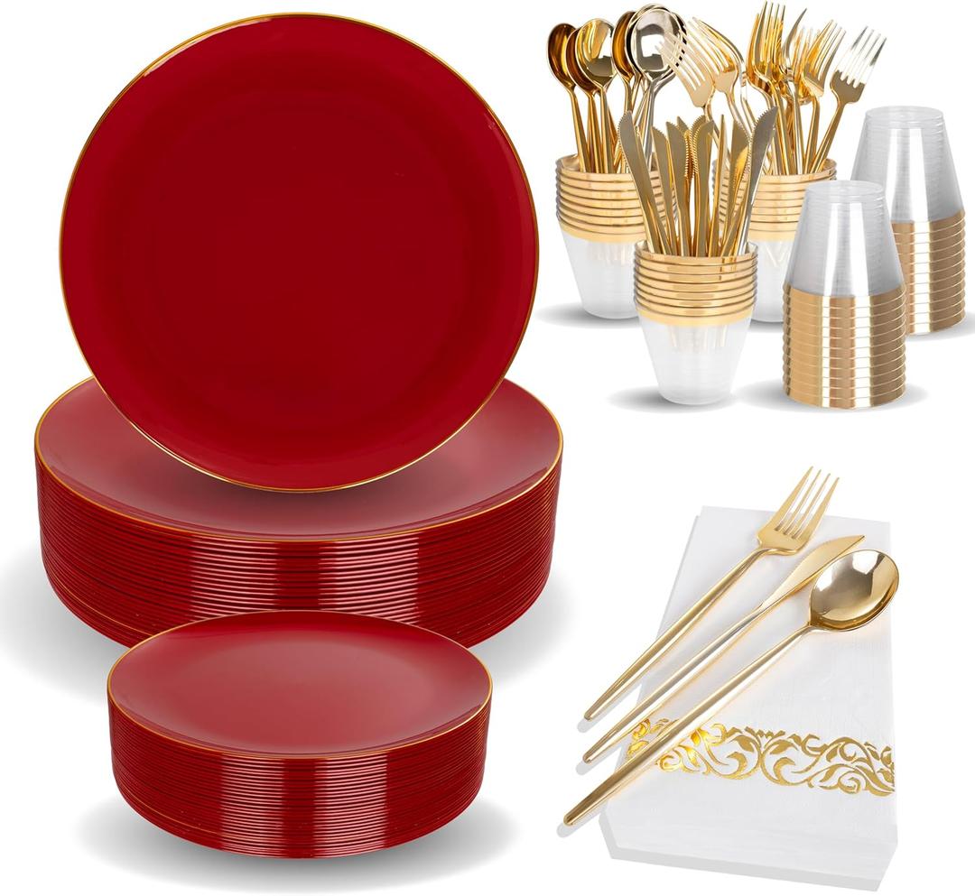 MirthMood 210pcs Red Plastic Plates, Disposable Red Gold Party Plates, Include 30 Dinner, Dessert Plate,30 Cup&30 Napkins, 90 Gold Silverware for Wedding & Party & Birthday Plum Red