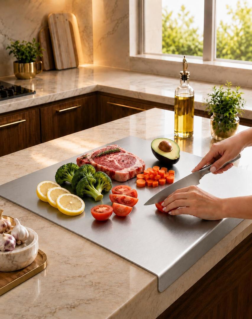 2026 New 100% Pure Titanium Cutting Board with 90° L-Shaped Counter Lip, Anti-Slip Chopping and Kneading Board for Meat, Fruit, Vegetables, Bread Dough and Baking (20"x16"), 16"L x 12"W