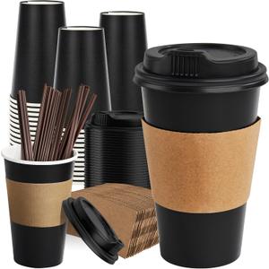 RACETOP 16 oz Paper Coffee Cups, 100 Pack Black Disposable Coffee Cups with Lids, Sleeves and Stirring Sticks, 16 oz Hot Coffee Cup for Hot Drinks, Parties, Picnic, Travel, and Events