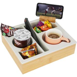 Couch Cup Holder Tray, Handy Silicone Bamboo Couch Caddy with Rotatable Phone Holder for Bed Car Seat Organizer, Waterproof Anti-Spill Sofa Cup Holder for Snacks Beverage Remote (White) (11.5*10*3 IN)