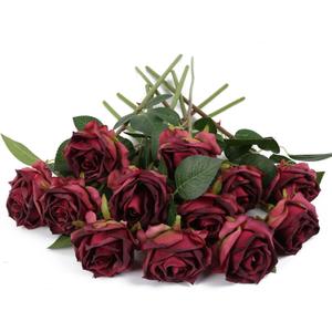 IPOPU Burgundy Roses Artificial Flowers 12PCS Roses Flowers Heads Dried Silk Flowers Burgundy Flowers Artificial for Decorations with Single Stems for Floral Arrangements Wedding Flower