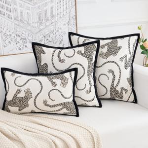 Premium Series, Snow Leopard Throw Pillow Covers, Animal Jacquard Cushion Cases for Home Decor, Chenille Velvet Double-Sided Designs, Cream White, 20 x 20 inch, Covers Only