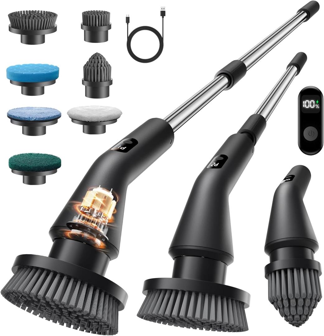 Electric Spin Scrubber, Upgraded IPX7 Cordless Cleaning Brush for Bathroom Shower, Household Cleaning Scrubber with 7 Brush Heads, Adjustable Long Handle and 2 Rotating Speeds for Tub Floor (Black)