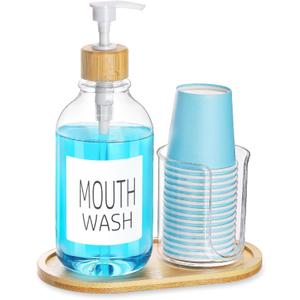 Mouthwash Dispenser with Cup Holder, Plastic Mouth Wash Pump Bottle with Tray for Bathroom Organizers, 17oz Refillable Clear Mouthwash Container - Bamboo