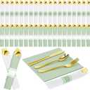 Lasnten 50 Pack Pre Rolled Gold Plastic Silverware Set Disposable Wrapped Plastic Cutlery Set Include Sage Green and White Napkins Knives Spoons and Forks for Wedding Birthday Party Supplies