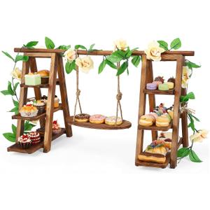 3 Tier Wooden Cupcake Stand with Swing & Flower Decor for Cake Fruit Snack
Dessert Table Display Set with Removable Trays, Rustic Foldable Ladder Stand for Party, Birthday, Wedding & Events