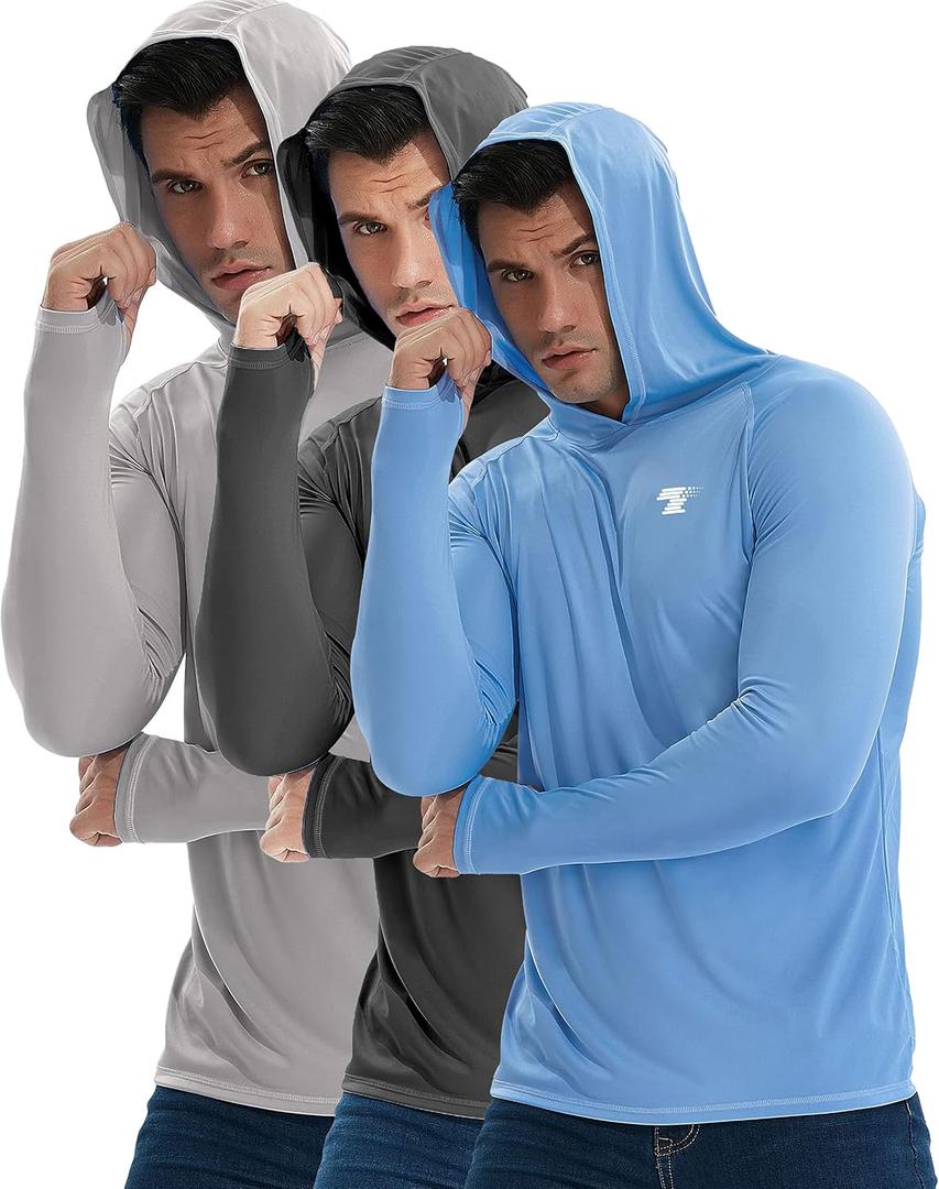 TELALEO 3 Pack Men's UPF 50+ Sun Protection Lightweight Hoodie Performance Long Sleeve SPF UV Shirt for Fishing Running (L)