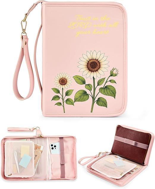 Bible Cover Case for Women, PU Leather Bible Case for Christian, Large Bible Bag with Multiple Pockets Handle & Zippered, Church Carrying Case, Gift for Lady Girl, Pink