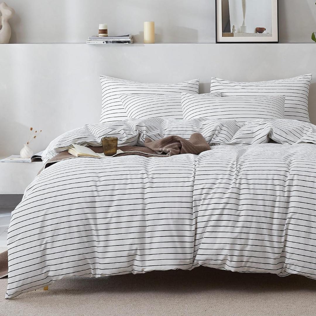 JELLYMONI 100% Natural Cotton 3pcs Striped Duvet Cover Sets, White Duvet Cover with Thin Black Stripes Pattern Printed Comforter Cover, with Zipper Closure & Corner Ties(Queen Size) (0608)
