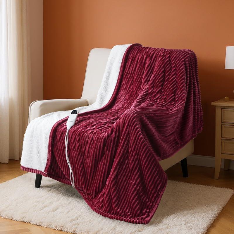 Bedsure GentleSoft Heated Blanket Throw - Soft Ribbed Flannel Electric Blanket, Heating with 4 Time Settings, 6 Heat Settings, and 3 hrs Timer Auto Shut Off, Gifts for Grandma (50x60 inches, Burgundy)