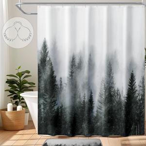 ORTIGIA Dark Green Misty Forest Shower Curtain for Bathroom, Nature Woodland Shower Curtain Set with Hooks, Decorative Pine Tree Fog Magic Bath Curtain for Home, Waterproof Fabric, Weighted, 72x72