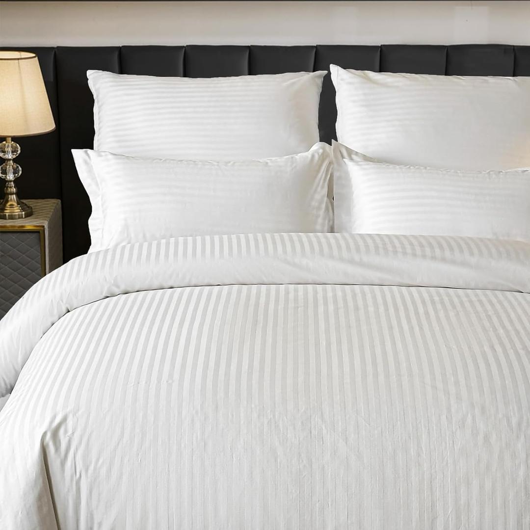 Hotel Duvet Cover King Size Cotton White Satin Pin Striped Textured with Zipper Duvet Cover King 3 Pcs Set 104"x90" (1 Duvet Cover & 2 Pillow Shams) Comforter Cover/Quilt Cover King Size