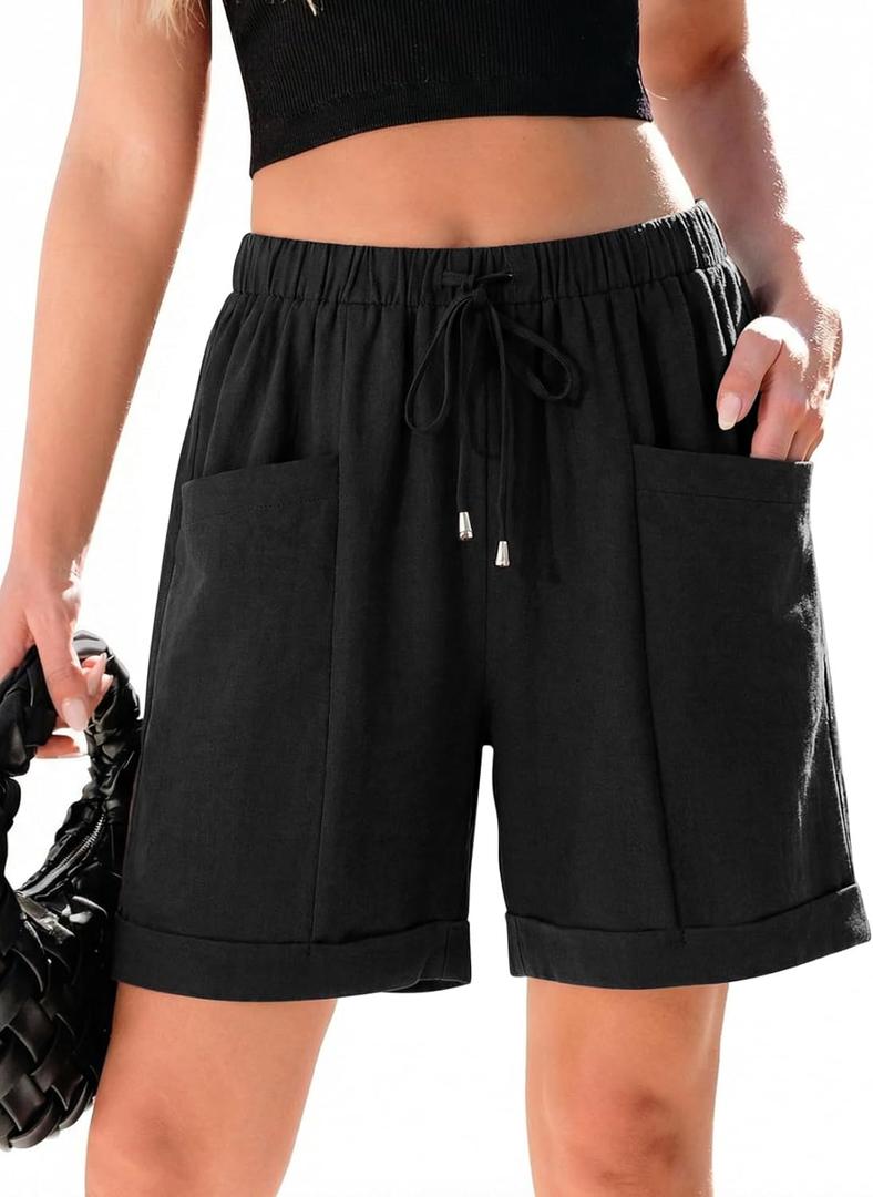 SHEWIN Womens Shorts Lightweight Bermuda Shorts for Women Casual 5 Inch Inseam Summer Linen Shorts with Pockets (Black, M)
