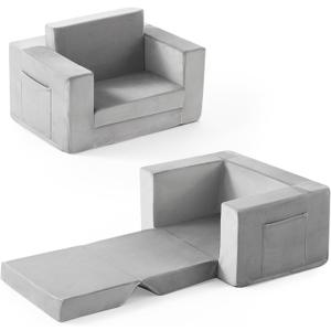 Kids Couch, 2-in-1 Toddler Chair Comfy 1-3 Years Old, Convertible Kids Chair, Toddler Couch That Fold Out, Kid Lounge Chairs for Boys and Girls, Soft Coral Fleece, Grey