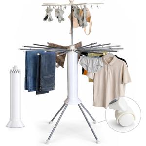 Clothes Drying Rack Foldable with Rolling Wheels, Portable Laundry Drying Rack with 16 Aluminum Arms, Stable 4-Leg Base, 360° Rotating Design for Indoor Outdoor (Double-tier without shoe rack)