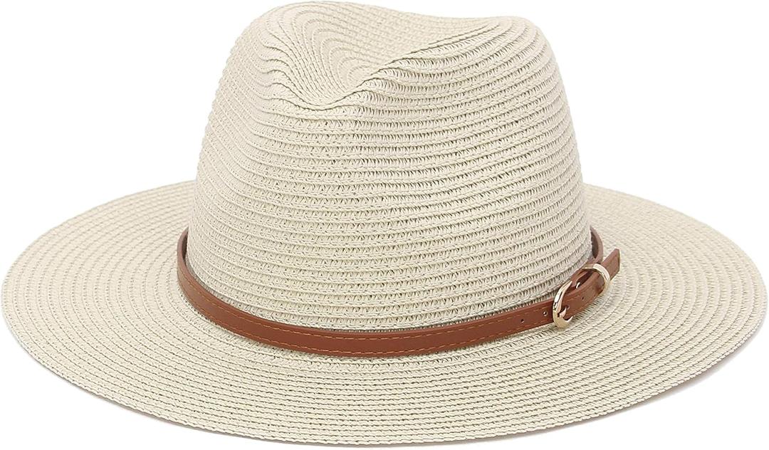 Straw Sun Hats for Women Men Panama Fedora Summer Hat with Leather Belt Wide Brim Beach Sun Jazz Cap (7-7 1/4, 1#beige)
