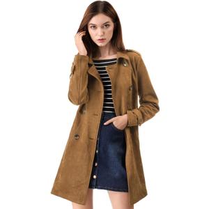 Allegra K Women's Faux Suede Trench Coat Notched Lapel Double Breasted Jacket with Belt (Small, Brown)