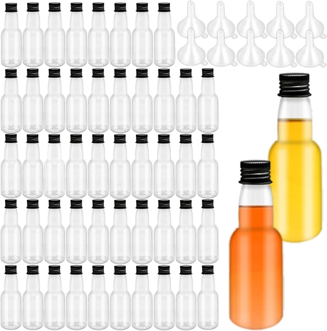 50 Pack Mini Liquor Bottles,1.7oz/50ml Plastic Spirit Alcohol Bottle with Black Cap,Miniature Shot Bottles with 10 Funnels for Party Favor,Weddings