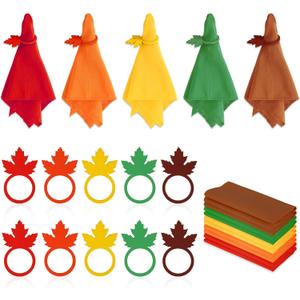 Whaline Fall Thanksgiving Napkin Rings Set of 20, 10 Pcs Wooden Maple Leaf Napkin Ring Holders with 10 Pcs Fall Cloth Napkins for Thanksgiving Table Decorations, Fall Banquet, Holiday Dinner Party