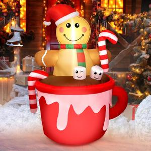 5FT Christmas Inflatable Outdoor Decoration, Gingerbread Man in Coffee Mug Blow Up LED Light Christmas Inflatables Yard Decorations with Build-in LEDs for Indoor Outdoor Garden Party Lawn Xmas Decor